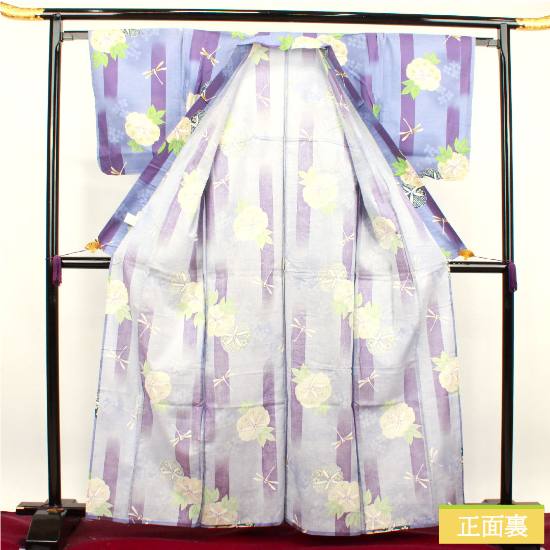 Yukata Cotton Length 162.5cm Sleeve length 63.5cm S rank Single layer Purple Red-green Dragonfly Morning glory 1118004762420