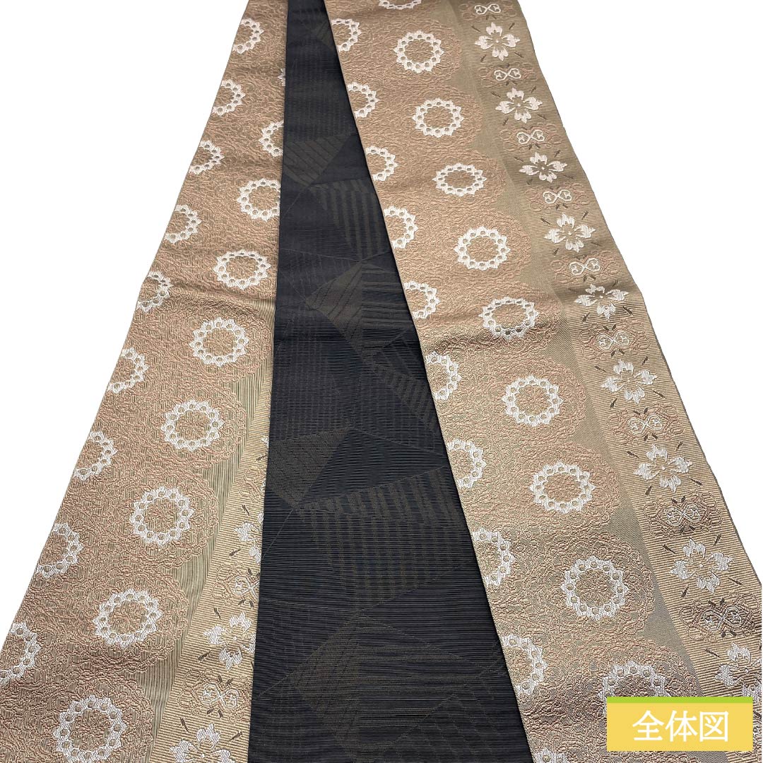 （新品）半幅帯 ポリエステル NEWランク 茶鼠色（ちゃねずいろ） 黒鼠色（くろねずいろ） 華紋 三角形 広幅 リバーシブル 帯丈403cm 茶系 1125006321414
