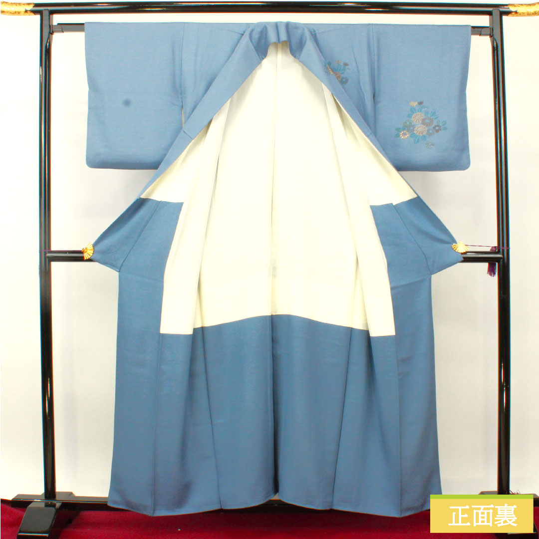 訪問着 正絹 袷 身丈158cm 裄丈63cm 薄花色（うすはないろ） 刺繍 草花模様 Aランク 青系 1112004693317