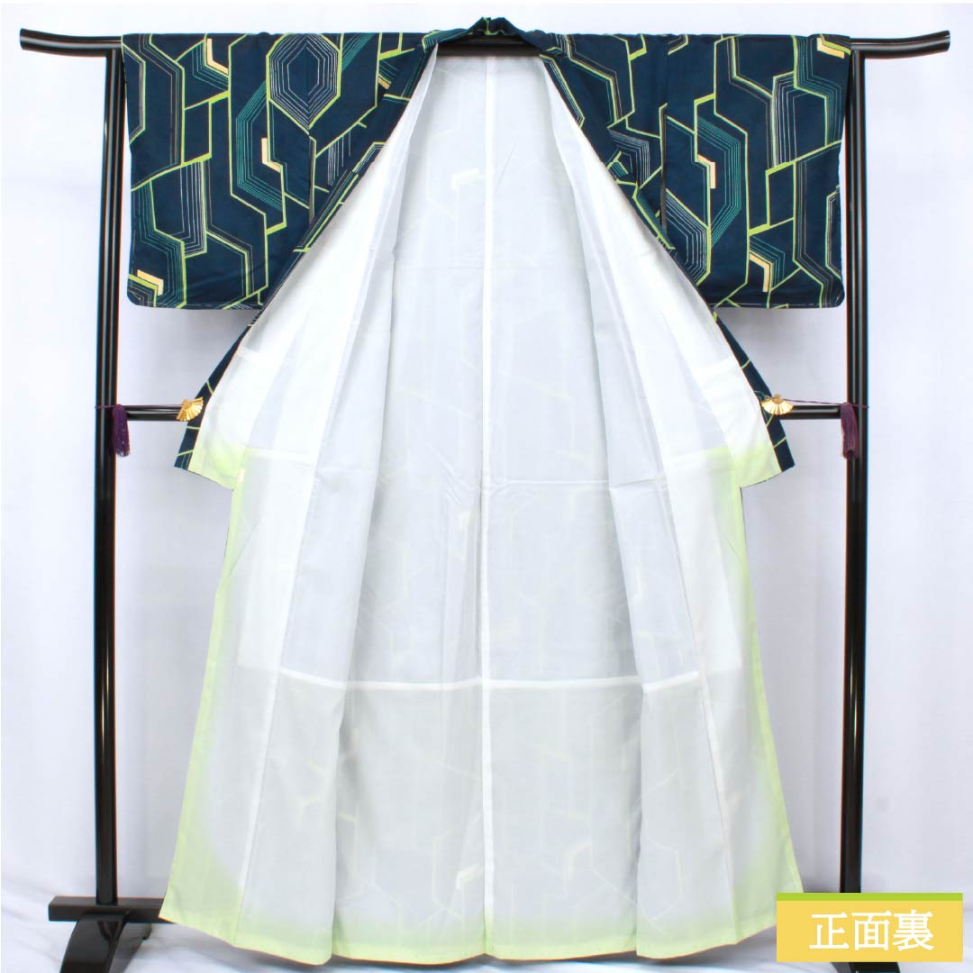 Komon (small pattern) polyester kimono, A rank, length 162.5cm, sleeve length 65cm, lined, navy blue (kon-iro) with geometric patterns, washable, navy blue, 1115007403418
