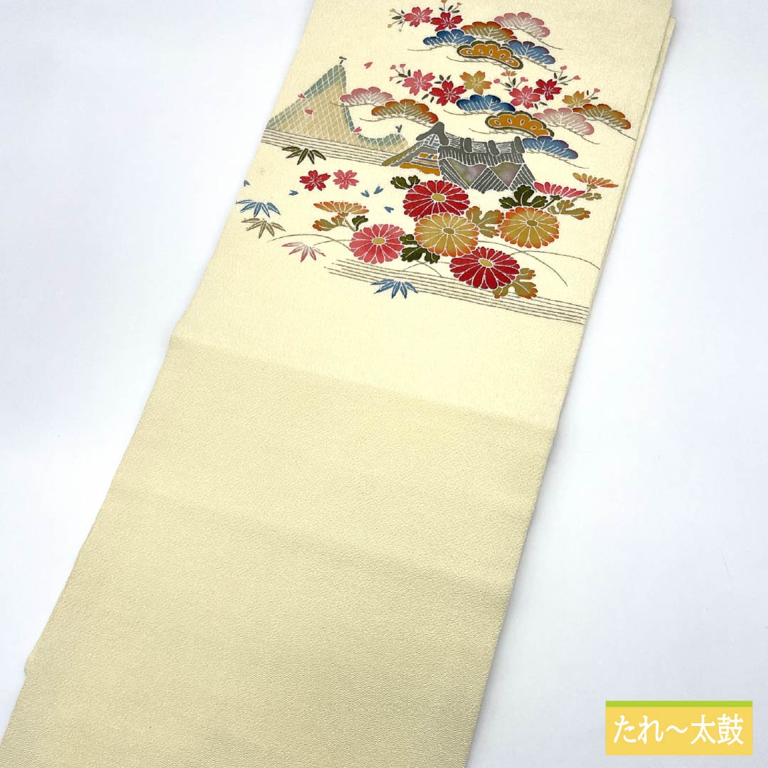 ☆ 名古屋帯 型染 菊 梅 竹 花模様 縮緬 乳白色 O-5356 名古屋帯 型染 菊 梅 竹 花模様 縮緬 乳白色 O-5356
