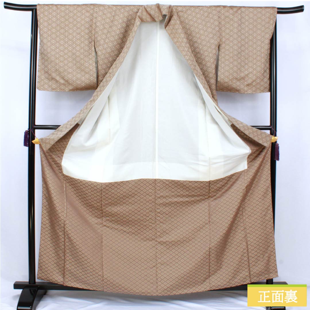 紬 正絹 Sランク 身丈165.5cm 裄丈65.5cm 香色（こういろ） お召 一つ紋 源氏香 袷 ベージュ系 1116004432525