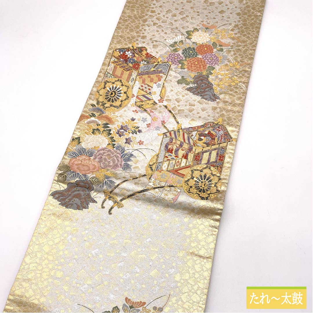 袋帯 正絹 御所車 留袖用 菊 松 牡丹 帯丈426cm Aランク 六通 フォーマル 金系 1123014673321