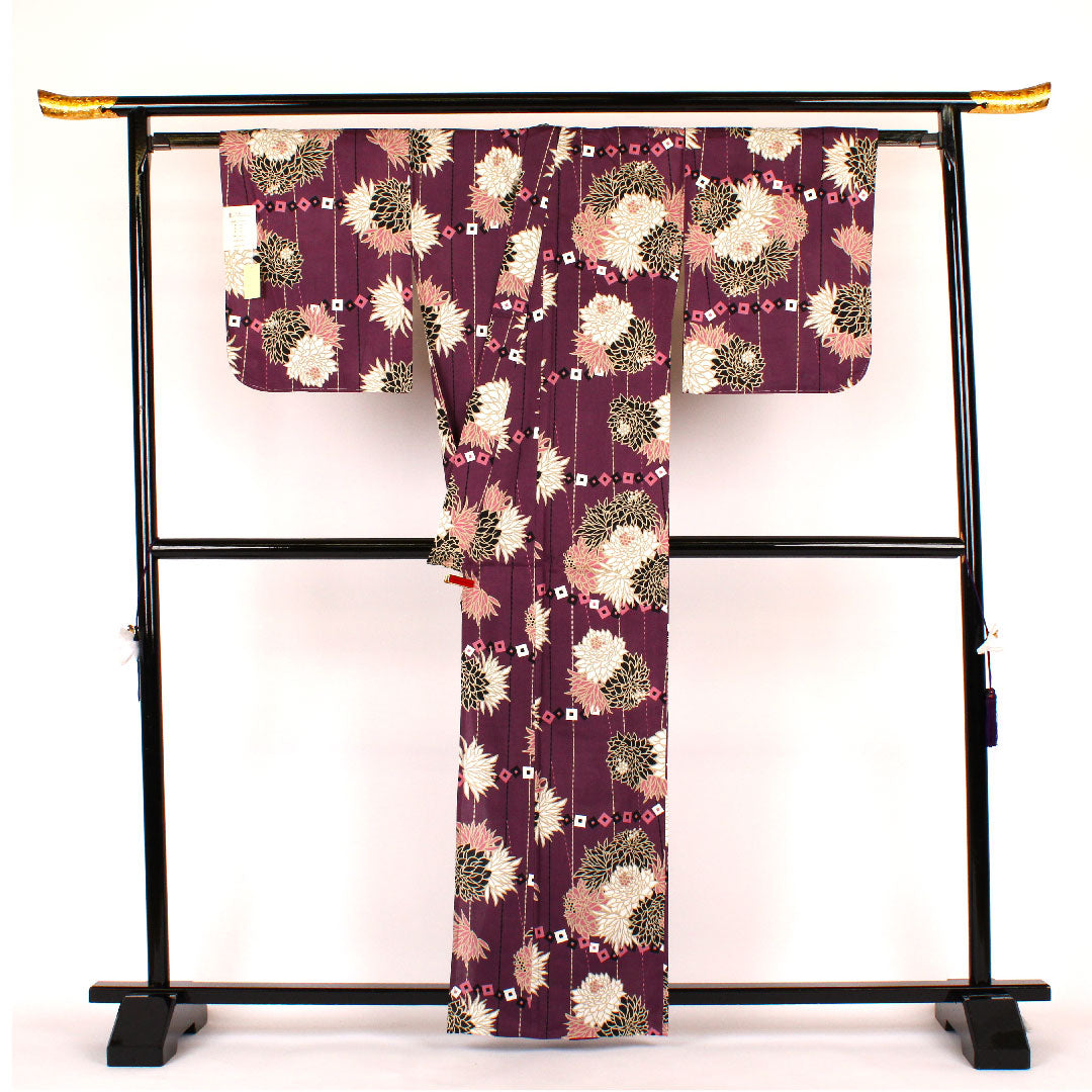 （新古品）浴衣 菊 木綿 Sランク 単衣 身丈163.5cm 裄丈67cm 紫系 1118000152420