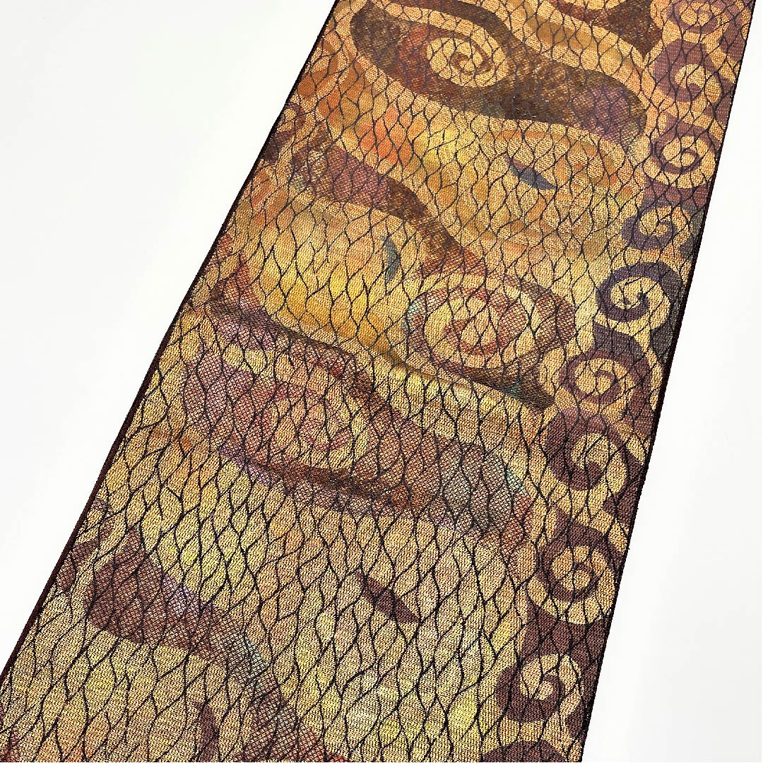 袋帯 紅鬱金色（べにうこんいろ） 幾何学模様 箔 帯丈456cm 正絹 Aランク 六通 カジュアル 茶系 1123005493414