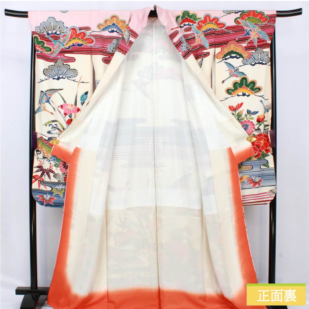 振袖 正絹 Aランク 身丈167cm 裄丈69cm 袷 生成り色（きなりいろ） 型染 吉祥文様 松 菖蒲 白系 1113002273511