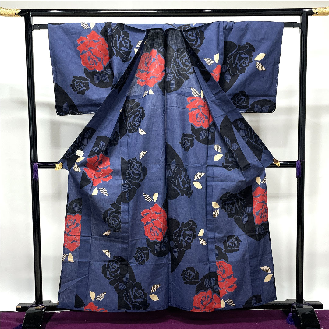 浴衣 しつけ糸付き 未使用品 瞑色 薔薇 木綿 Sランク 単衣 身丈161cm 裄丈65cm 紫系 1118002332420