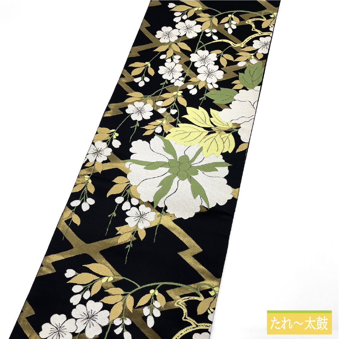 Fukuro obi, pure silk, S rank, Matsubishi, Nishijin-ori, floral, artisan-made, obi length 438cm, rokkutsu, semi-formal, black tones, 1123017372310