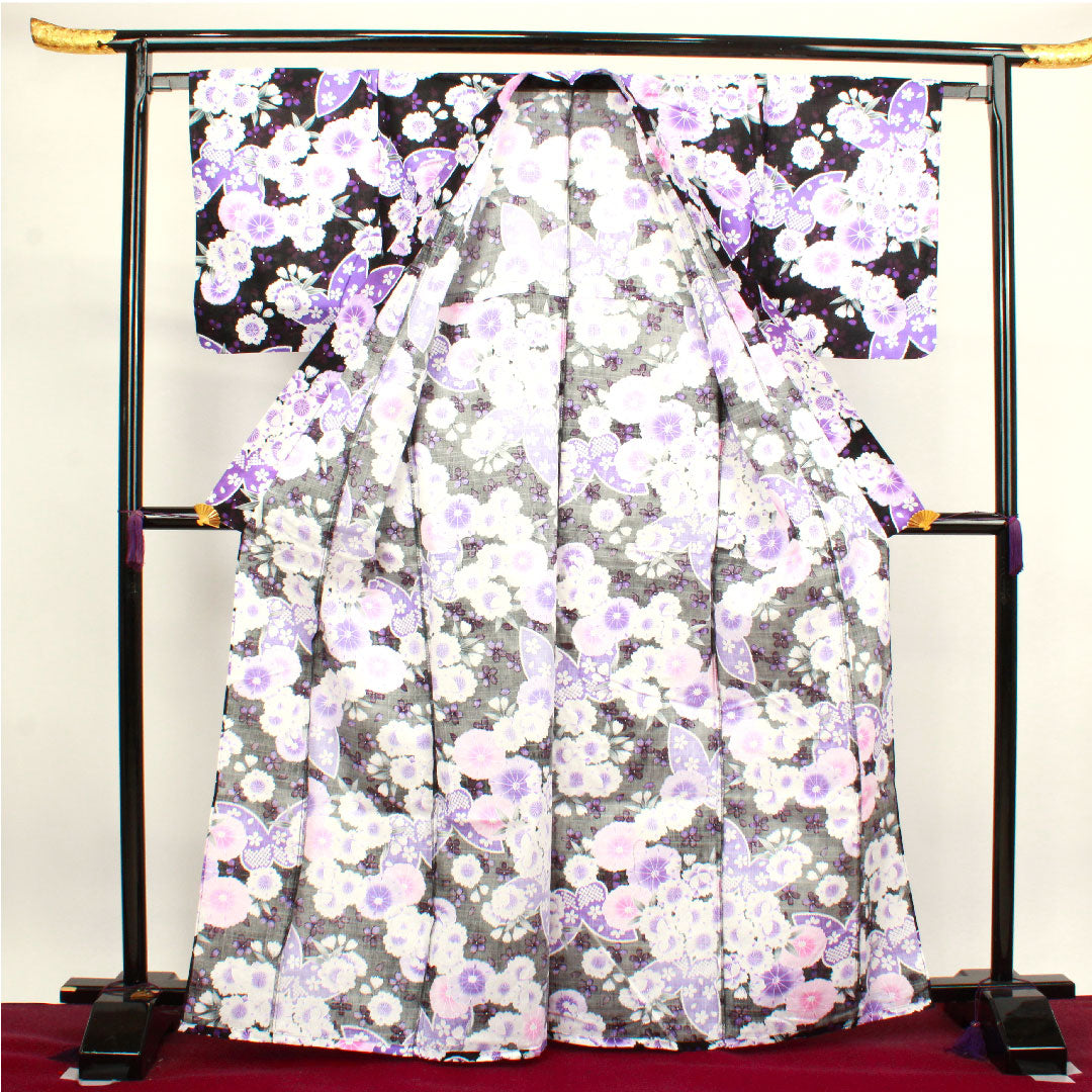 浴衣 蝶 桜 木綿 Sランク 単衣 身丈167cm 裄丈65cm 黒系 1118003712510
