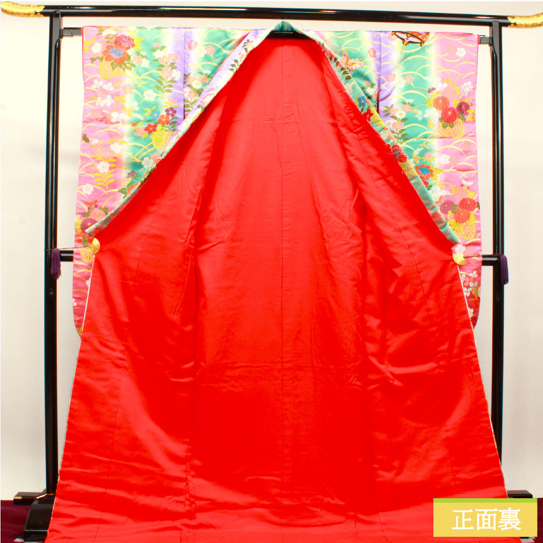 色打掛 正絹 身丈194cm 裄丈66.5cm  唐織 蝶 糸巻き 花車 Aランク 袷 グラデーション系 1110000733999