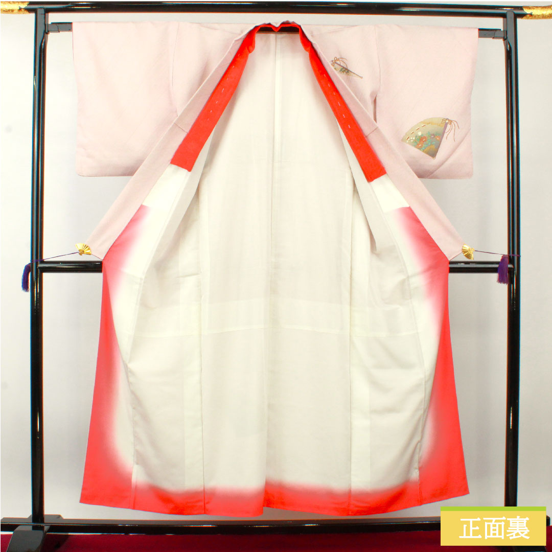 Homongi (formal kimono) made of polyester, lined, length 159cm, sleeve length 63cm, cherry blossom color, washable kimono, fan, half-collar included, S rank, pink, 1112004382313