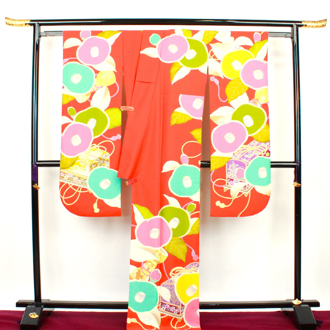 振袖 身丈168.5cm 裄丈67.5cm 袷  緋色 洗える着物 椿  ポリ Sランク 朱系 1113001052516