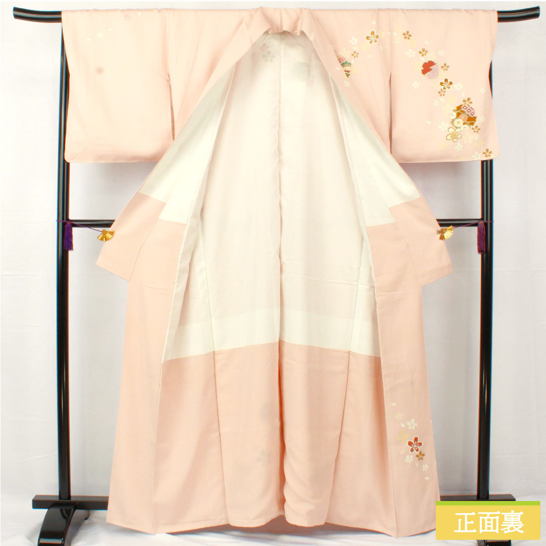 Homongi, pure silk, lined, length 162.5cm, sleeve length 67.5cm, modern colors, Kyo-Yuzen, snowflake, cherry blossom, A rank, pink, 1112005013413