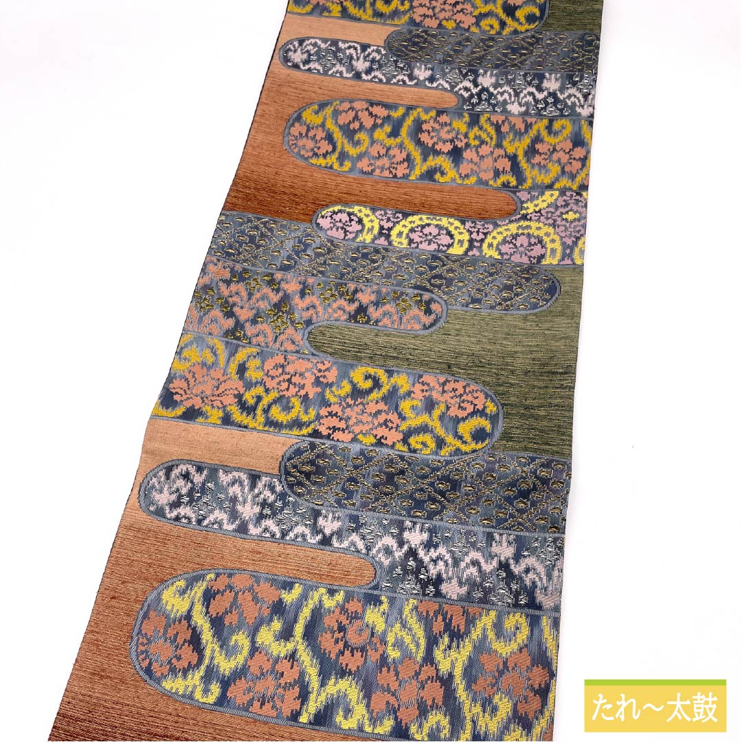 袋帯 正絹 花唐草 丸に花 横段 帯丈446cm Aランク 六通 カジュアル グラデーション系 1123012423399