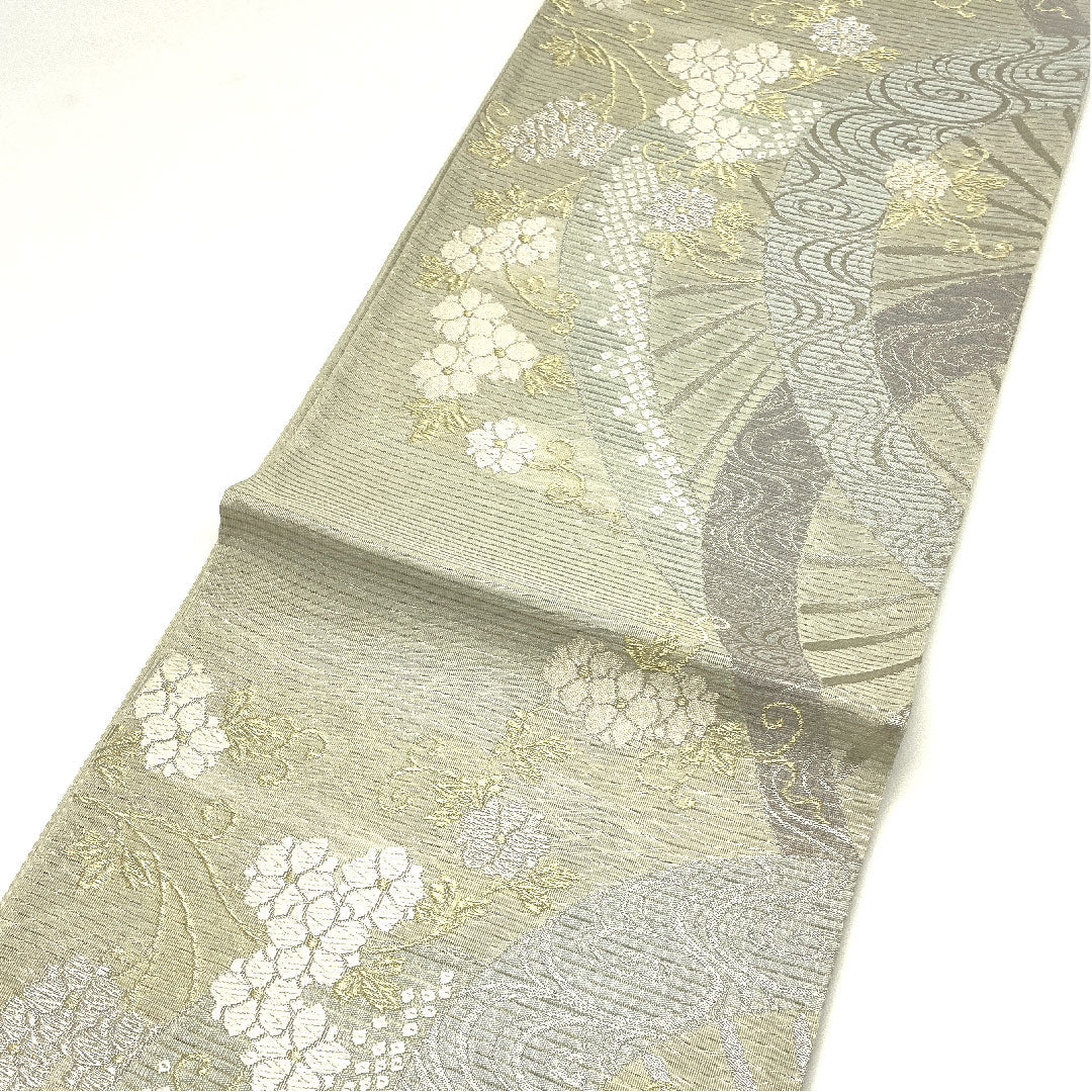 袋帯 絽 夏 流水 草花模様 帯丈441cm 正絹 Sランク 六通 フォーマル 白系 1123004392311