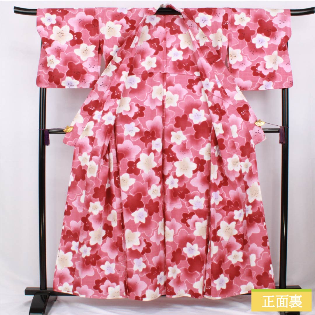 浴衣 木綿 身丈158.5cm 裄丈68.5cm Sランク 単衣 ピンク系 桃紅色（とうこうしょく） 花 1118006452313