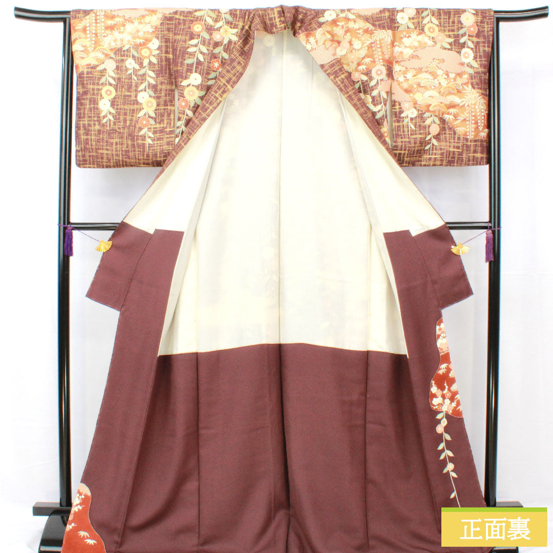Homongi, pure silk, lined, length 170.5cm, sleeve length 63.5cm, black and red plum color, Kyoto Yuzen, pine, bamboo, plum, chrysanthemum, S rank, brown, 1112004982614