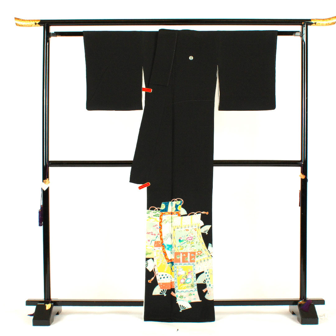 黒留袖 身丈165cm 裄丈65cm 袷 几帳 吉祥文様 丸に二つ引き 正絹 Bランク 五つ紋 黒系 1111000324510
