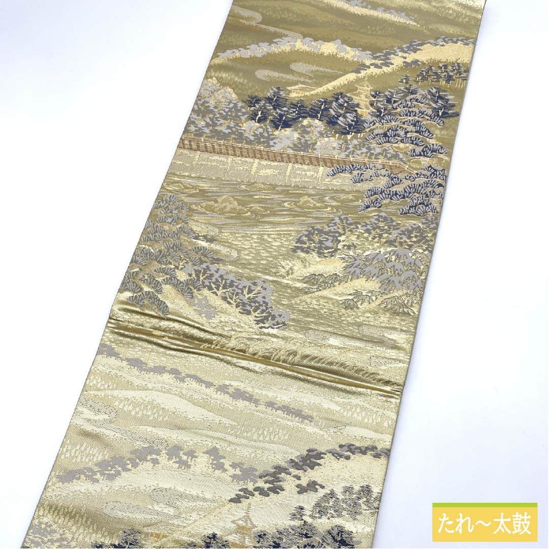 Formal, pure silk obi for formal kimono (tomesode) with a motif of the famous Ryoanji Temple in Kyoto, length 426cm, S rank, six-fold hem, gold finish, product number 1123014522321