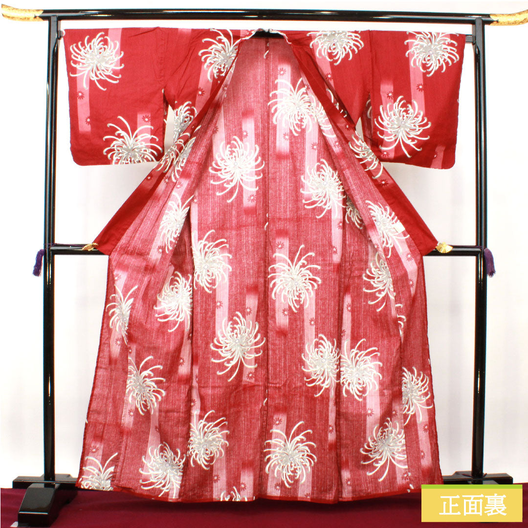 Yukata Cotton Length 163.5cm Sleeve length 69.5cm S rank Single layer Red Crimson Chrysanthemum 1118005132412