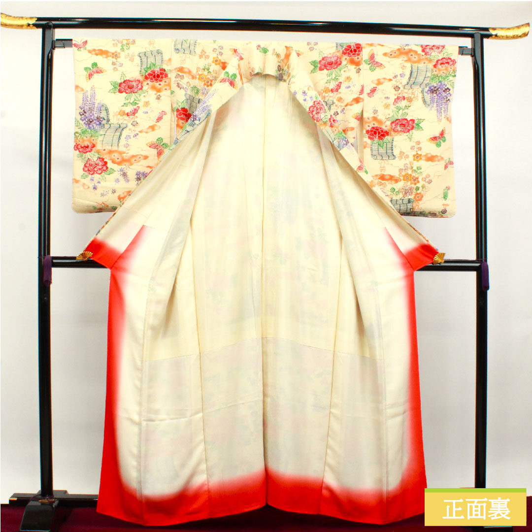 小紋 正絹 身丈161.5cm 裄丈65cm 袷  鳥の子色 型染 草花模様  Sランク クリーム系 1115003762415