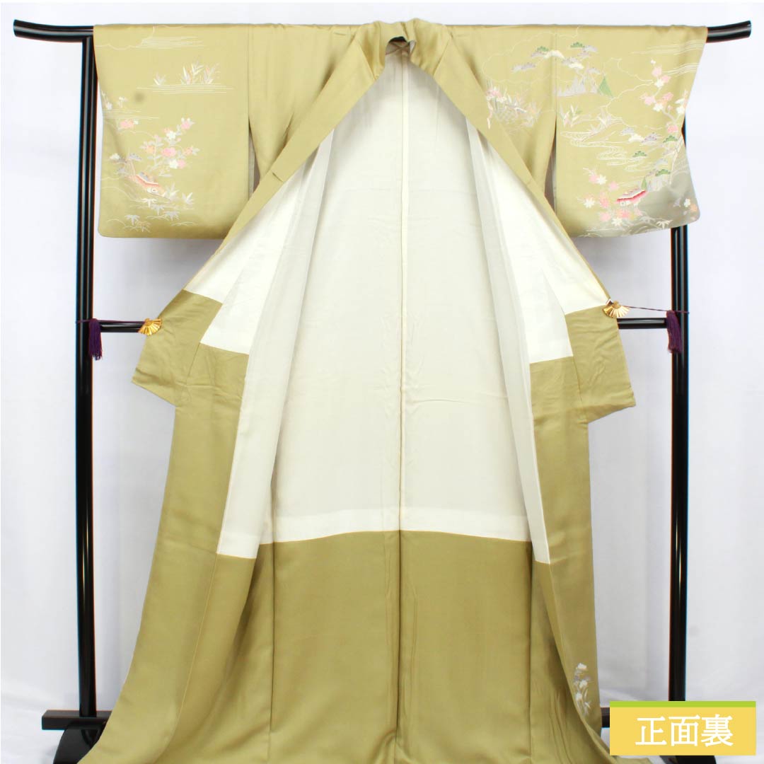 訪問着 正絹 Aランク 袷 身丈171.5cm 裄丈69cm 玉子鼠色（たまごねずいろ） 京友禅 網干 風景模様 黄系 1112006093623
