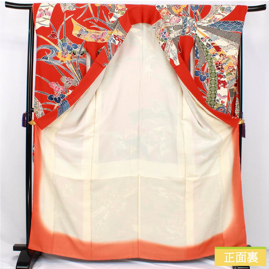 振袖 正絹 Sランク 身丈166cm 裄丈67cm 袷 赤色（あかいろ） 京紅型 束ね熨斗 ちりめん地 赤系 1113002412512