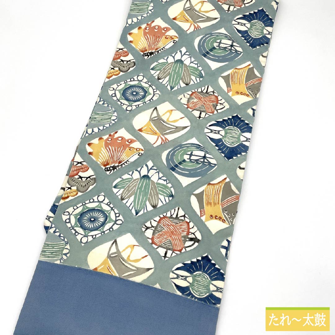 名古屋帯 正絹 Bランク 沈香茶色（とのちゃいろ） 型染 紅型調 蝶 帯丈358cm 六通 カジュアル 青系 1124010554317 名古屋仕立て