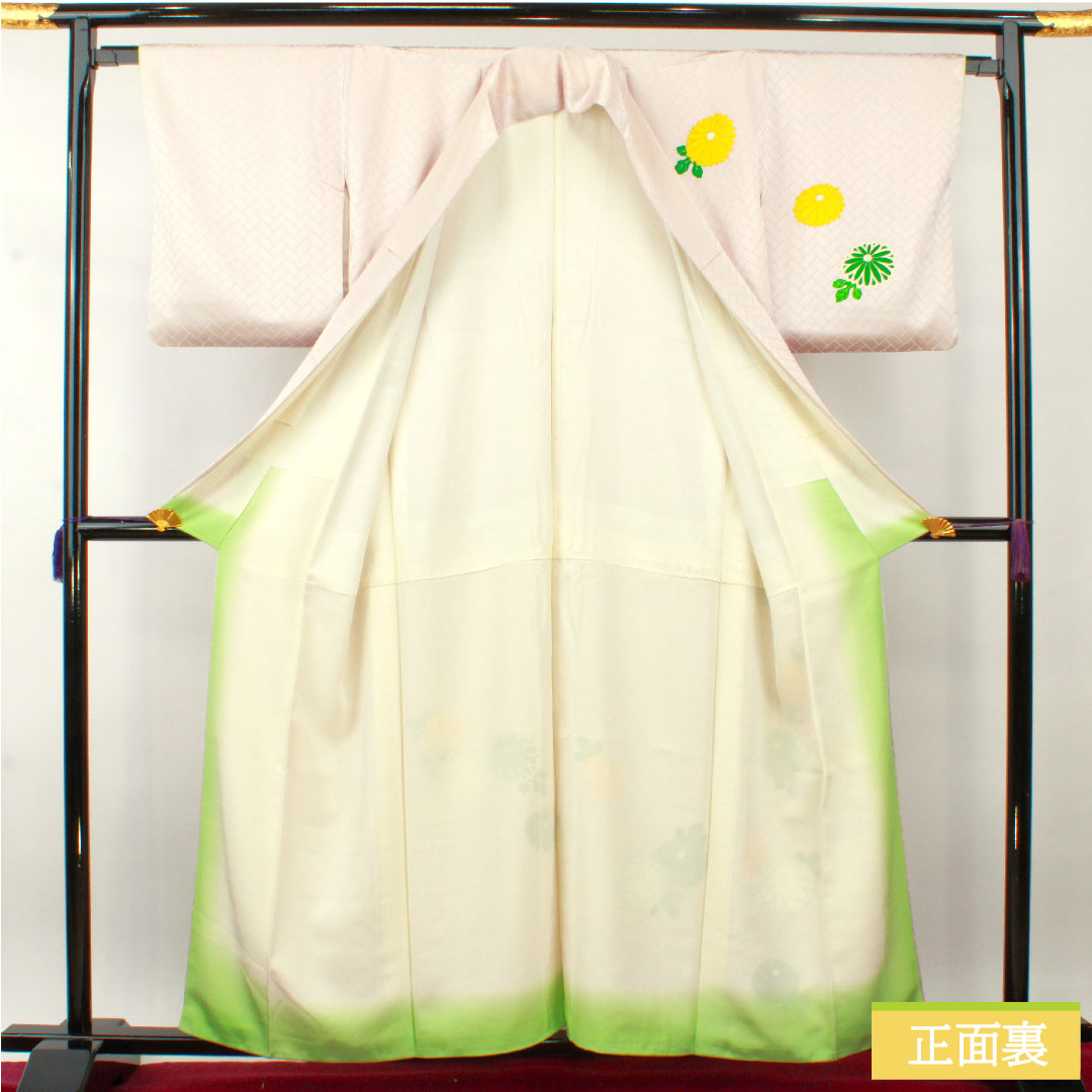 訪問着 正絹 袷 身丈160cm 裄丈64.5cm 薄桜色（うすざくらいろ） 京友禅 菊 Sランク ピンク系 1112004332413