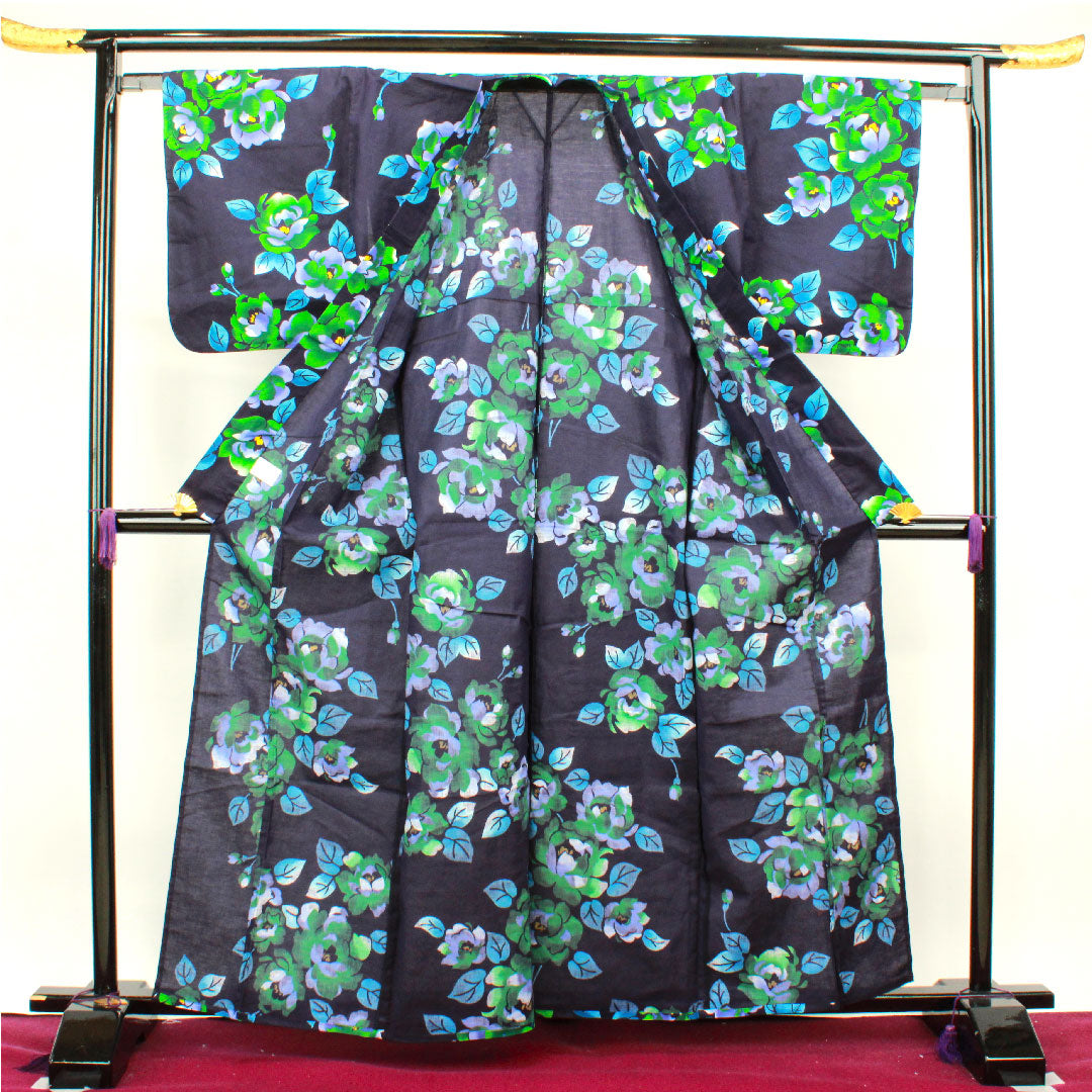 浴衣 濃紺色 山茶花 木綿 Sランク 単衣 身丈162cm 裄丈65.5cm 紺系 1118002582418