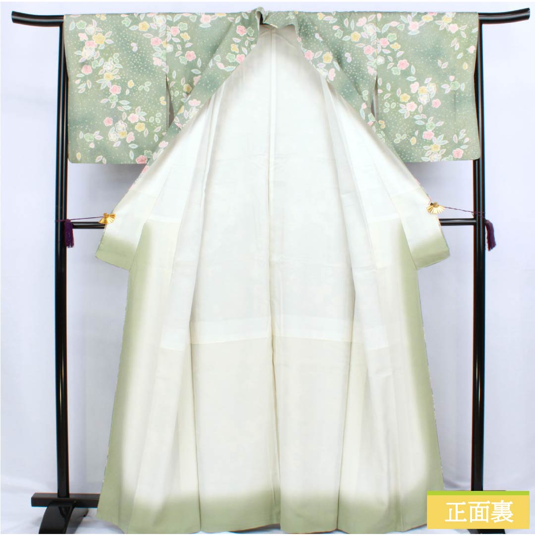 小紋 ポリエステル Sランク 身丈163.5cm 裄丈65cm 袷 裏葉色（うらはいろ） 京友禅 辻ヶ花 緑系 1115006822419