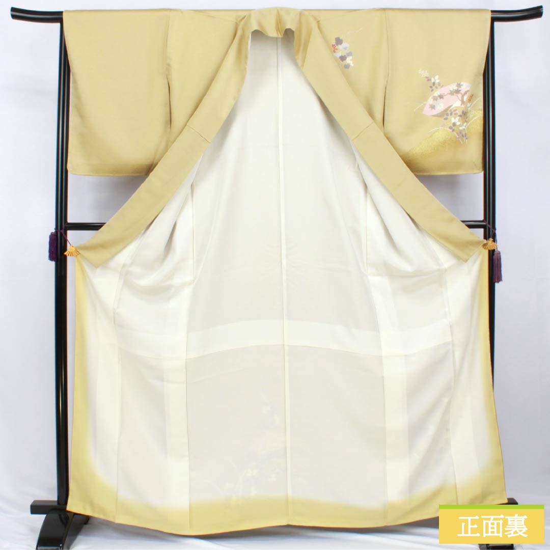 Visiting Kimono, Pure Silk, S Rank, Lined, Length 164cm, Sleeve-to-Sleeve 65cm, Gyoshikō Iro (Yellow), Tsukesage, Kyō Yūzen, Fan, Plants, With Basting Stitches, Yellow Tones, 1112007772423