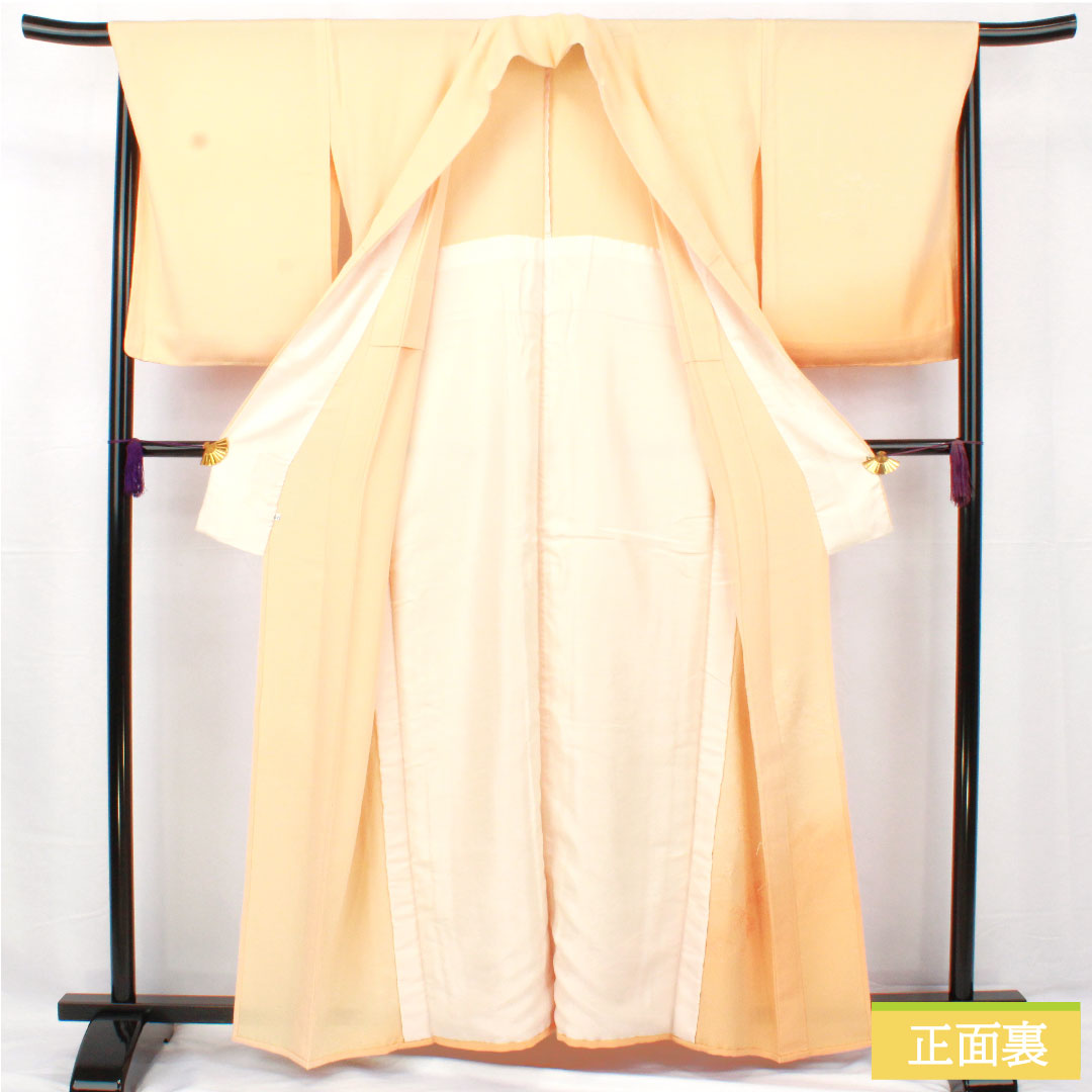 訪問着 正絹 胴抜き 身丈158cm 裄丈66.5cm 薄柑子色（うすこうじいろ） 刺繍 草花模様 一つ紋 揚羽蝶 付下げ Sランク 橙系 1112005602326