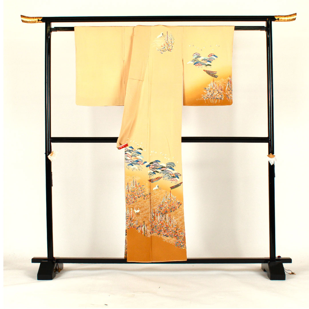 訪問着 袷 身丈156.5cm 裄丈65cm 刺繡 鶴 松 正絹 Sランク クリーム系 1112000932315
