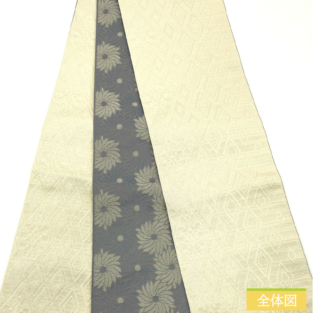 (New) Half-width Obi Polyester NEW Rank Off-white, Smoked Silver, Diamond Pattern, Floral, Reversible, Obi Length 400cm, White-based, 1125002491411