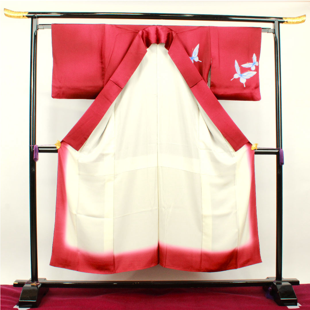 訪問着 正絹 袷 身丈151cm 裄丈63cm 暗紅色 蝶 Sランク 紫系 1112002992220