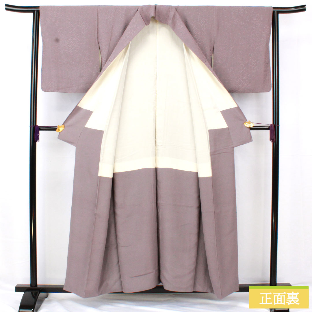 色無地 正絹 身丈155.5cm 裄丈63.5cm 鳩羽鼠色（はどばねずいろ） 一つ紋 違い鷹の羽 袷 Aランク 紫系 1114001753320