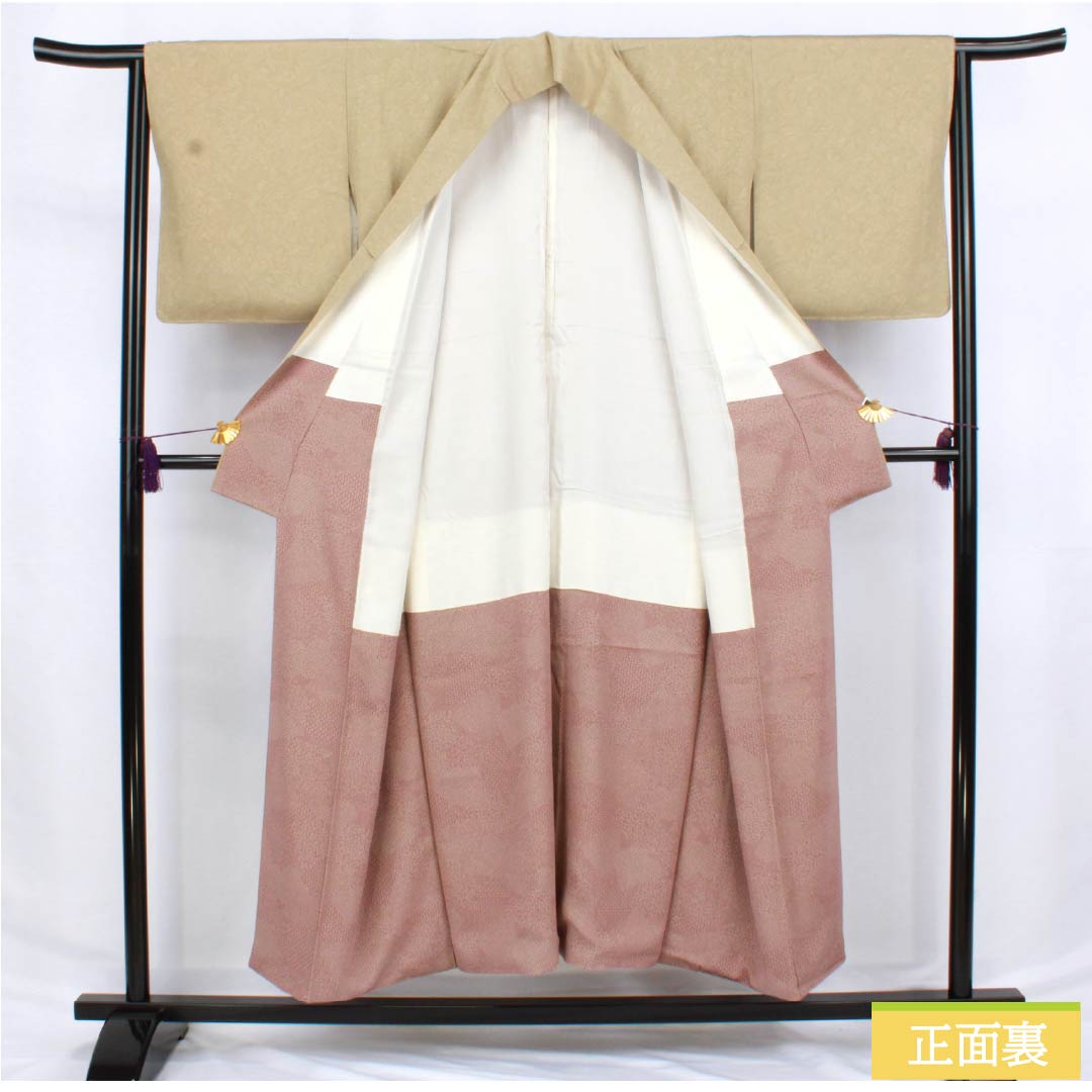 小紋 正絹 身丈150cm 裄丈64.5cm 袷 茅色（かやいろ） 墨流し染 しつけ糸付き Sランク ベージュ系 1115006292125