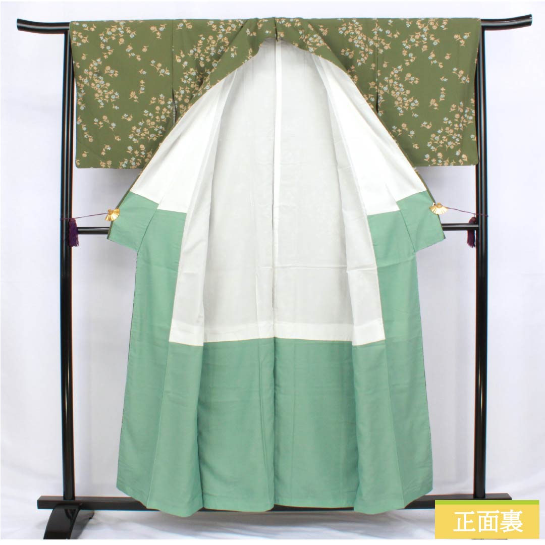 小紋 ポリエステル 身丈157cm 裄丈64cm 袷 柳煤竹色（やなぎすすたけいろ） 小花 洗える着物 Sランク 緑系 1115006242319