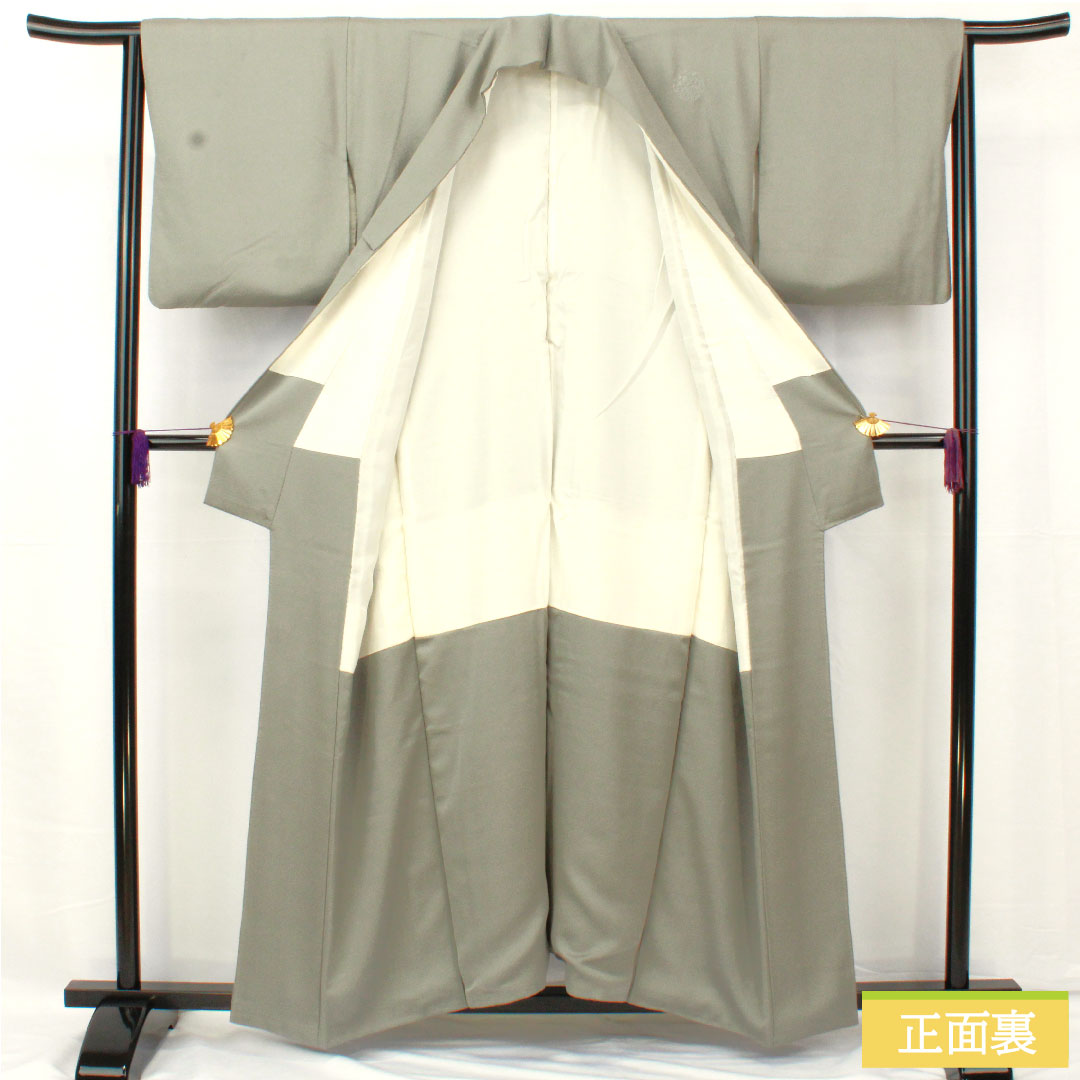訪問着 正絹 袷 身丈156cm 裄丈62.5cm 灰色（はいいろ） 汕頭刺繡 一つ紋 片喰 雪輪 椿 Sランク グレー系 1112005022322
