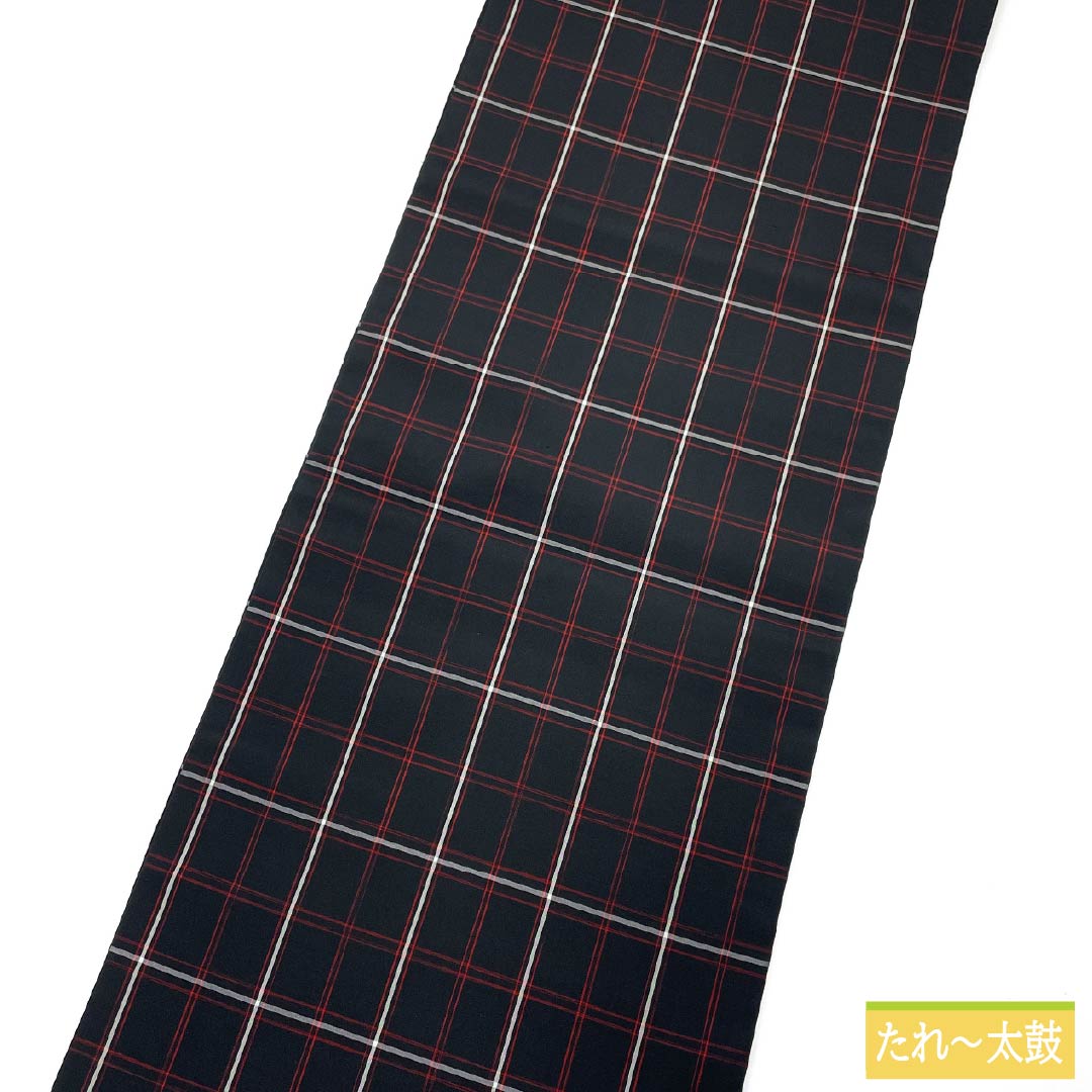 Nagoya Obi, Pure Silk, Grade B, Plaid Check Pattern, 380cm Long, Full Length, Casual, Black, 1124010624410, Open-Leg Style