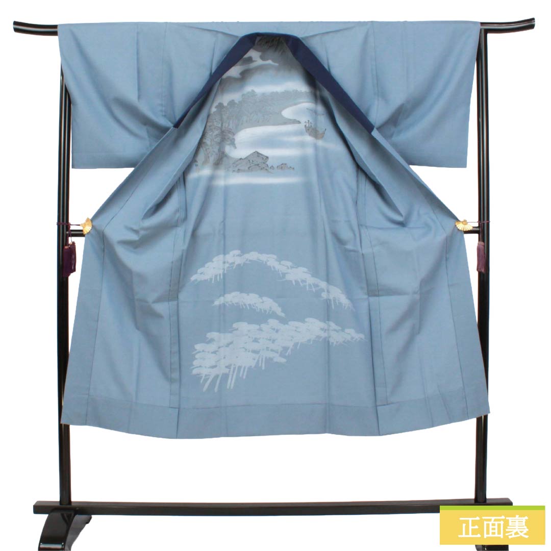 メンズ襦袢 ポリエステル Sランク 身丈137.5cm 裄丈68cm 朧花色（おぼろはないろ） 風景画 単衣 青系 1140000922317