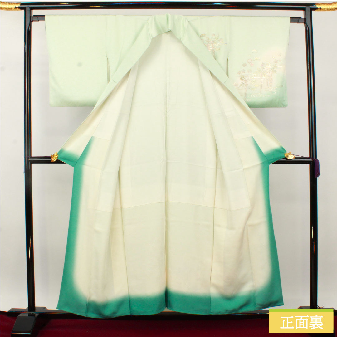 Homongi, pure silk, lined, length 155.5cm, sleeve length 63.5cm, white-green, gold-colored yuzen, pine, wisteria, shell bucket, S rank, green, 1112004902319