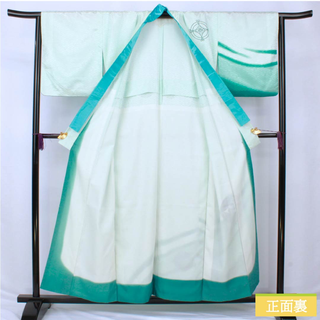 訪問着 ポリエステル Aランク 胴抜き 身丈156cm 裄丈64cm 薄水色（うすみずいろ） 半衿付き 踊り衣装 紗綾形 緑系 1112006383319