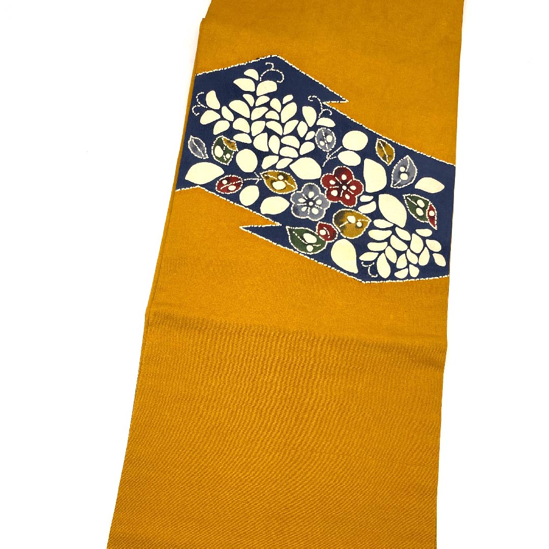 名古屋帯 晒柿色 古典柄 花柄 帯丈350cm 正絹 Bランク ポイント柄 カジュアル 黄系 1124004564323  名古屋仕立て