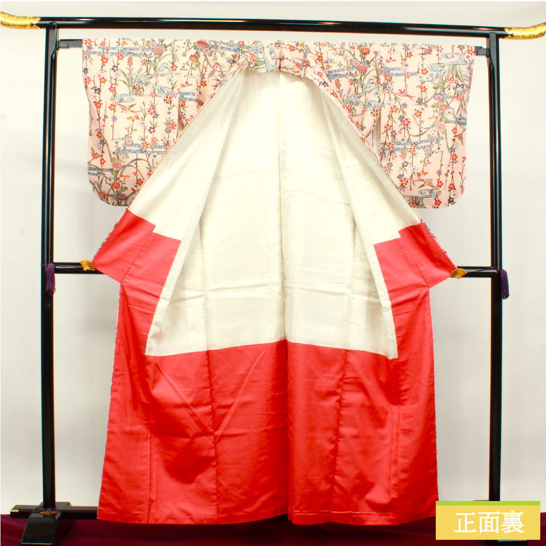 小紋 正絹 身丈159cm 裄丈64cm 袷  乙女色 京紅型 吉祥文様 紬地 しつけ糸付き 未使用品  Sランク ピンク系 1115003692313