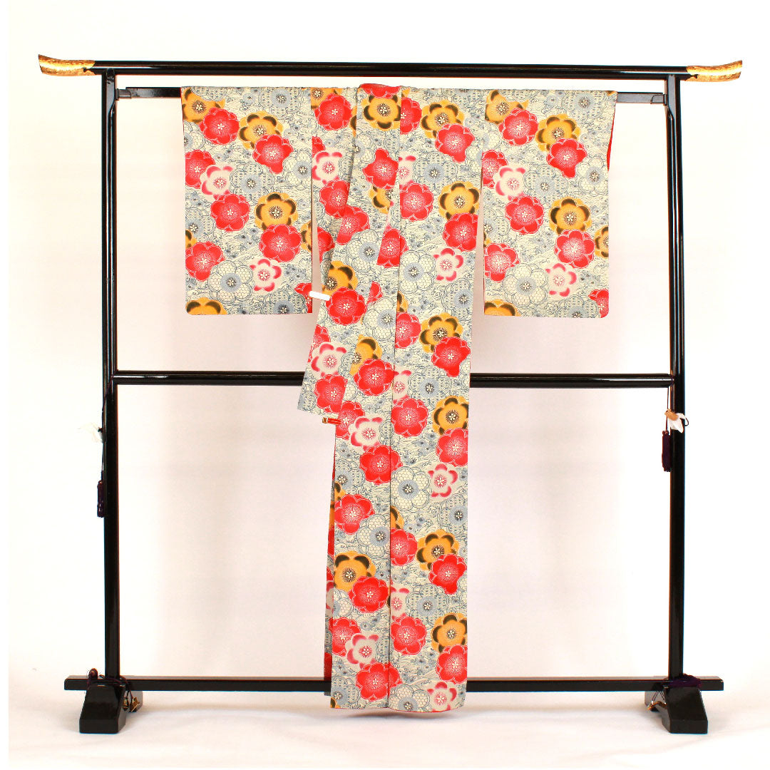 小紋 身丈162cm 裄丈66cm 袷  京紅型 波 梅柄  正絹 Aランク 白系 1115000523411