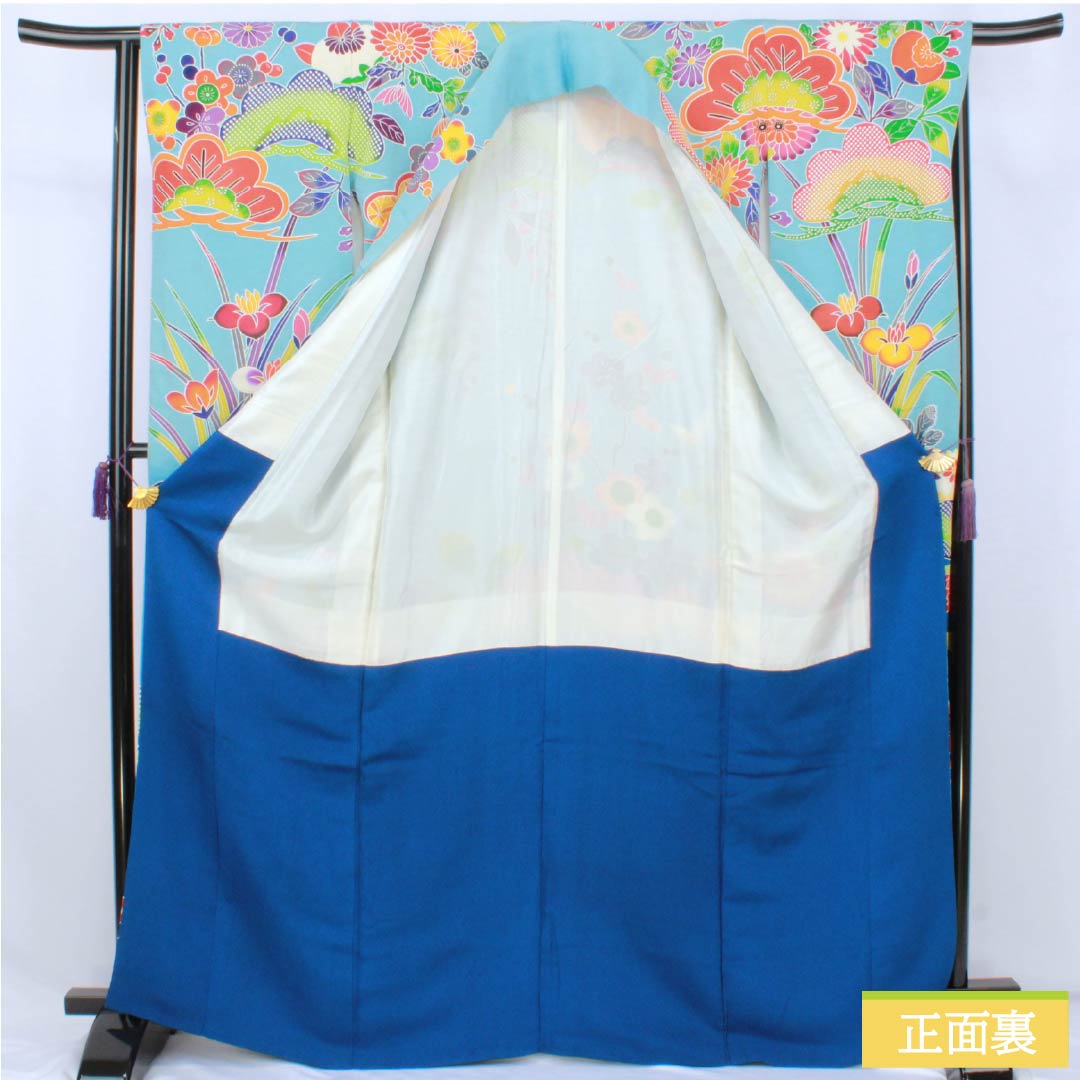 振袖 正絹 Aランク 身丈166.5cm 裄丈64.5cm 袷 水色（みずいろ） 京紅型 ちりめん地 吉祥文様 梅 松 水色系 1113002543524
