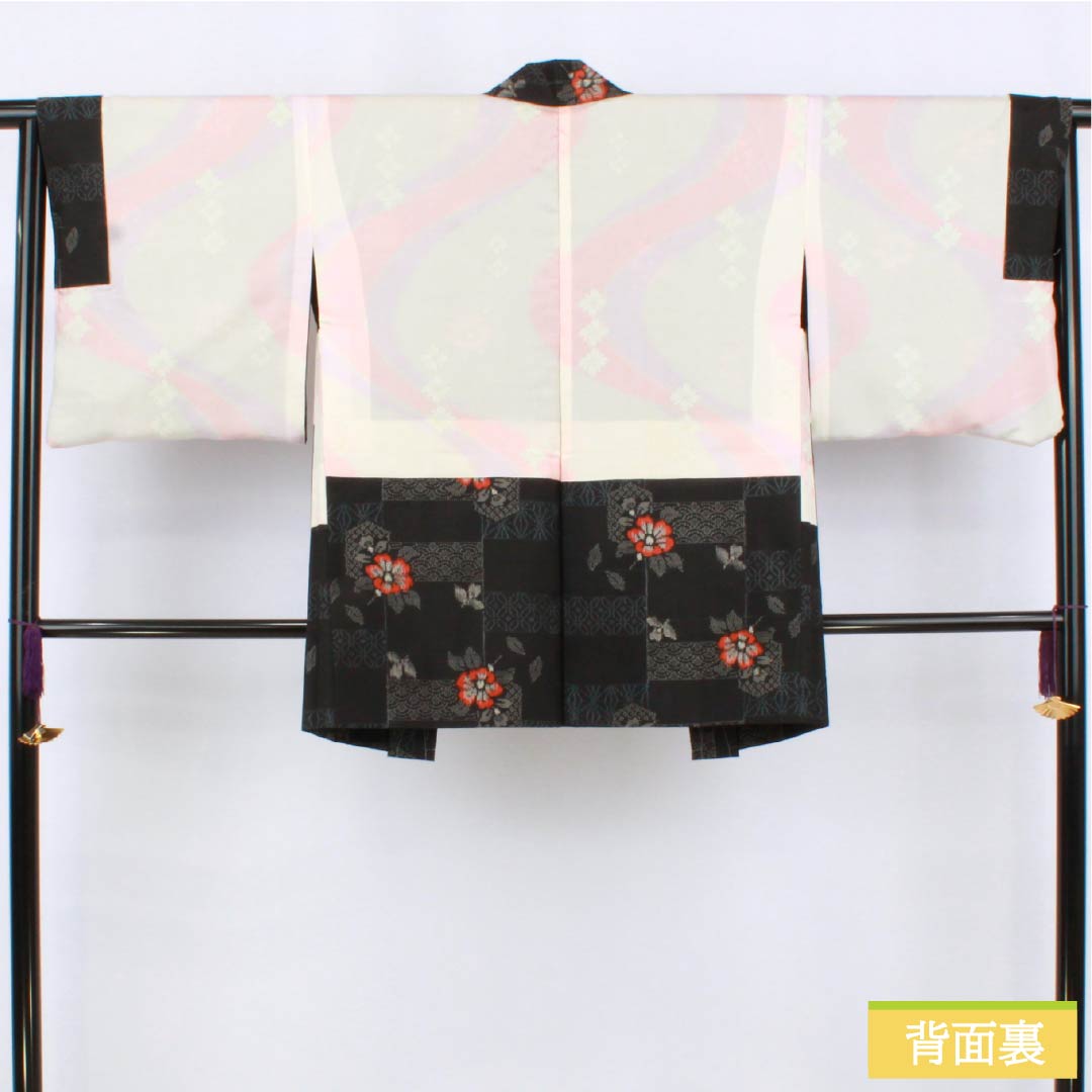 羽織 正絹 Sランク 身丈47cm 裄丈65cm 村山大島 麻の葉 七宝 花 袷 黒系 1117001362910