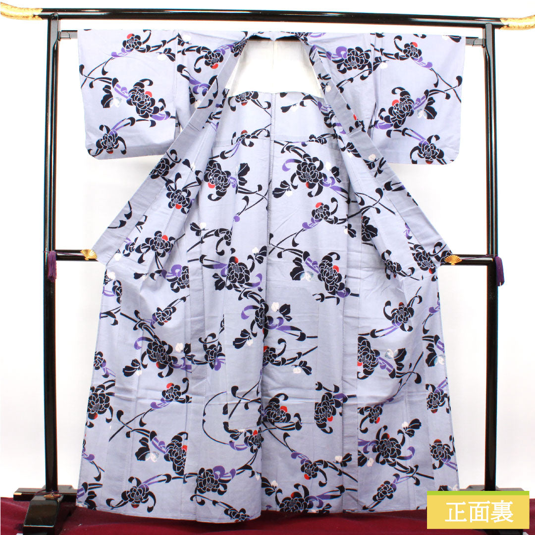 Yukata Cotton Length 164cm Sleeve length 65.5cm A rank Single layer Grayish White violet Chrysanthemum 1118004873422